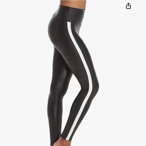 Spanx faux leather leggings with white strip